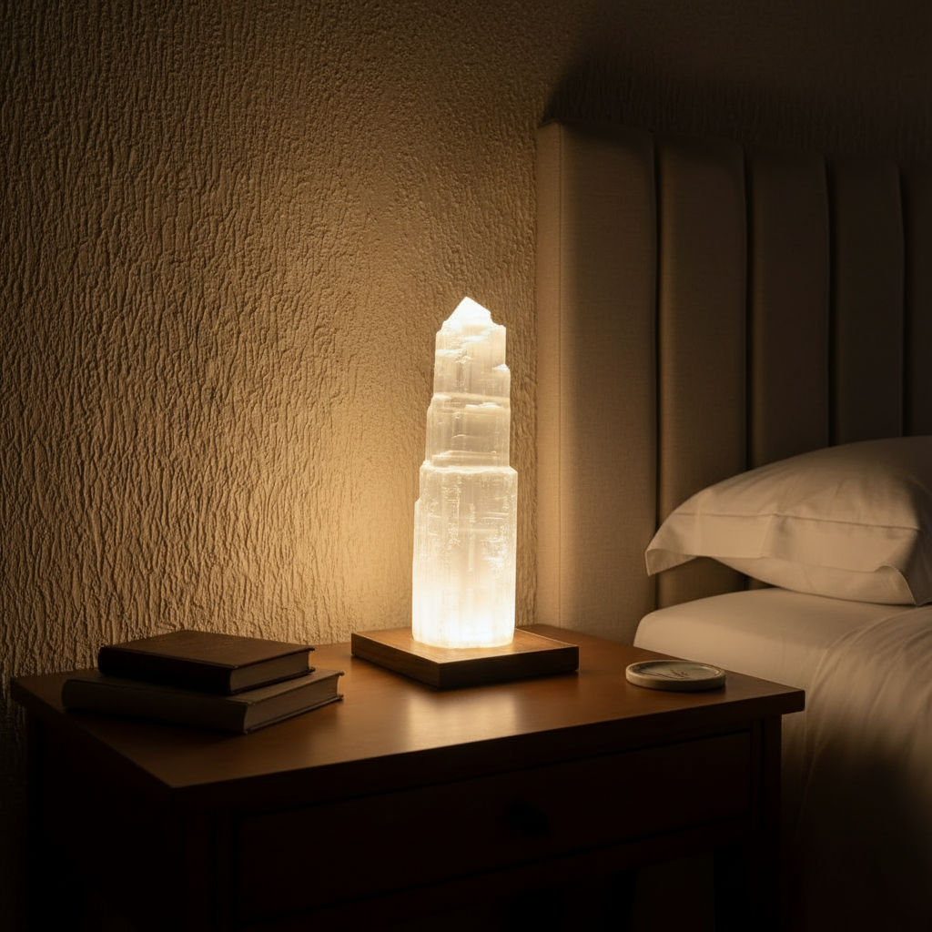 Lampe en sélénite dans une chambre d’hôtel